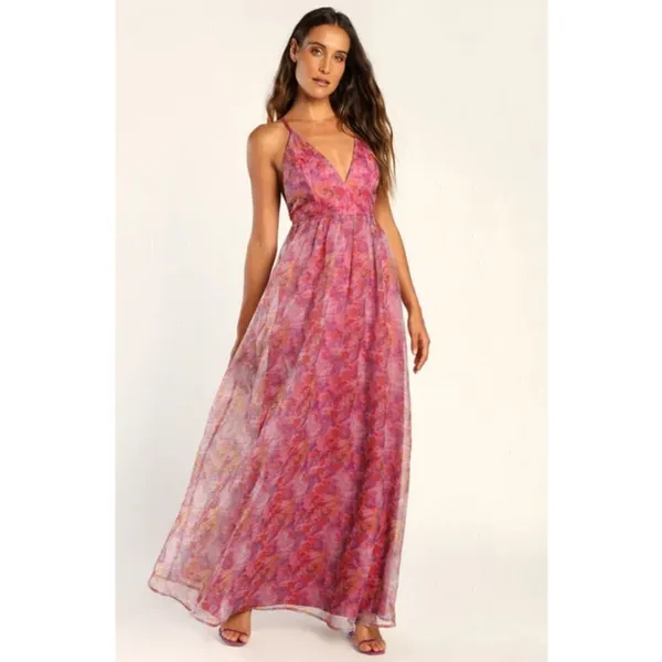 💕LULUS💕 Bloom Wildly Magenta Floral Organza Maxi Dress ~ Floral Print M NWT - Image 4