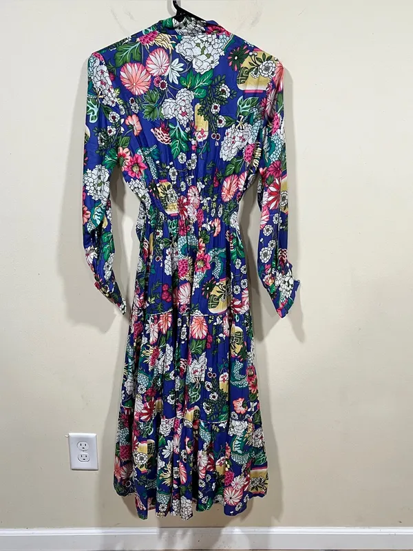 Maria B digital printed floral shirt dress boho smocked waist tiered S NWT - Image 13