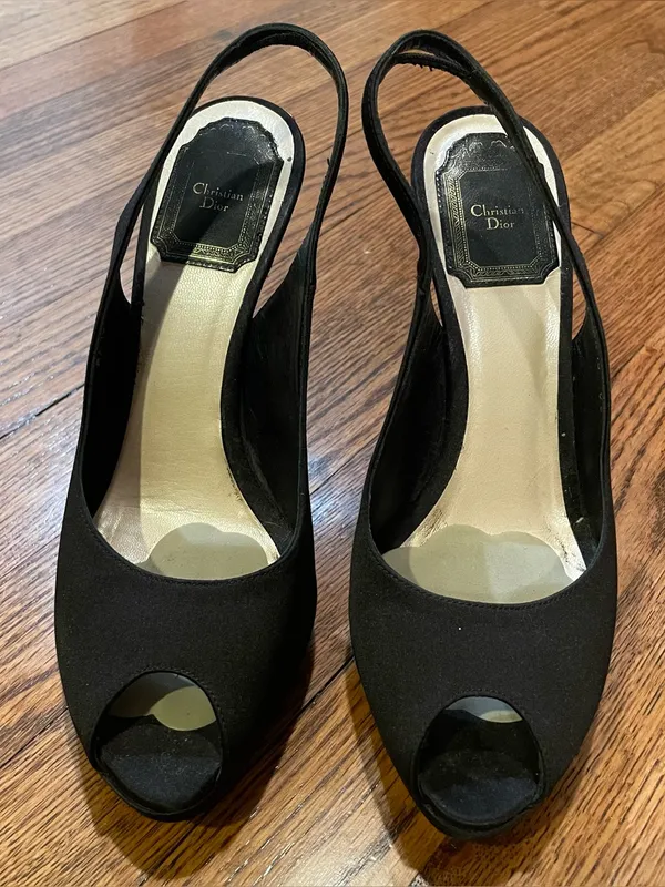 Christian Dior Black Satin Peep Toe Slingback Platform Heels Women Size 37 - Image 3