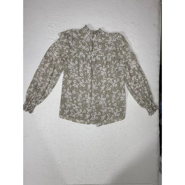Ann Taylor Factory Womens M Tan Floral Ruffle High Neck Long Sleeve Blouse Top - Image 2