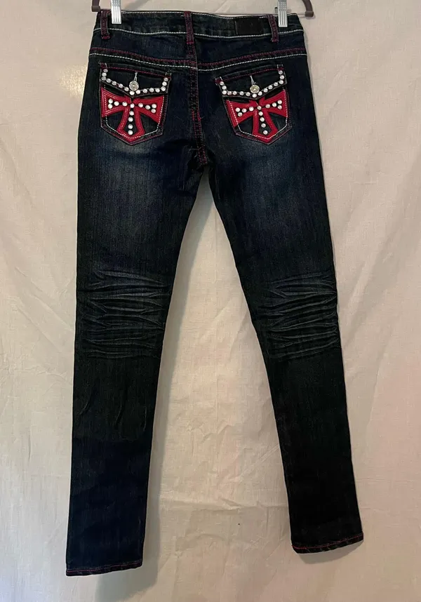Silver Diva Y2K Red Cross Rhinestone Low Rise Jeans - Image 4