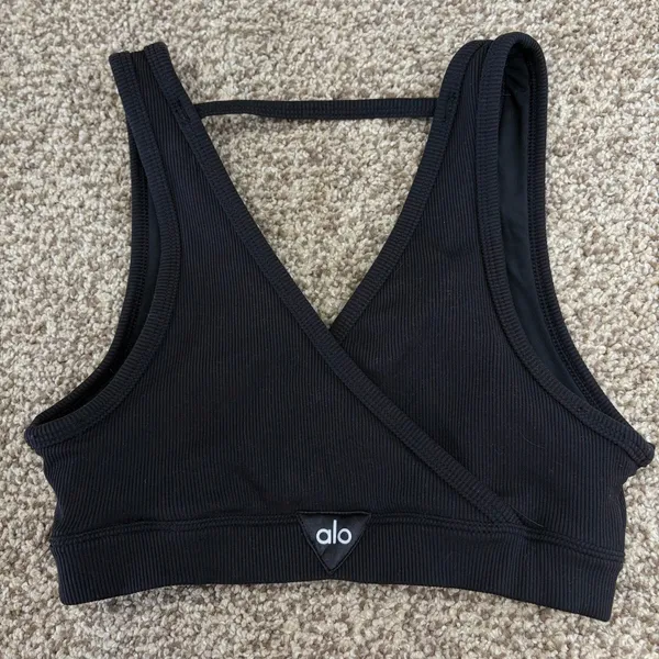 Alo Yoga Ribbed V Neck Sports Bra Women XS Black Wrap Back Activewear Athleisure - Image 13