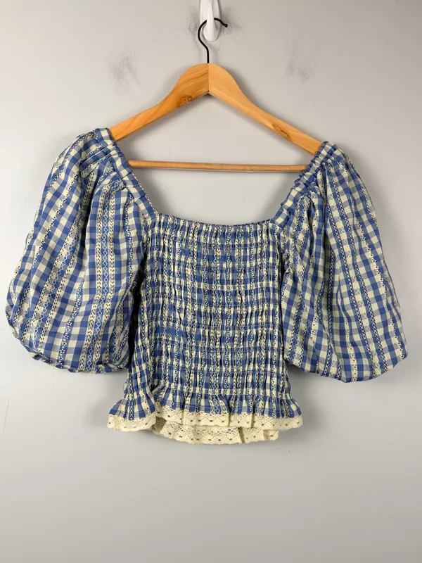 English factory blue cream gingham floral smocked puff sleeve top size XS - Image 4