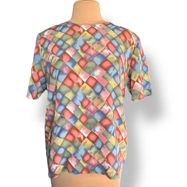 Vintage Blouse Harlequin Checkered Print Padded Shoulders Pastel Color‎ Diamond - Image 8