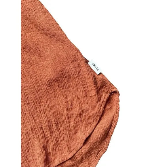Orvis Women's‎ Large Burnt Orange Rust Woven Crinkle Crape Button Front Blouse - Image 2