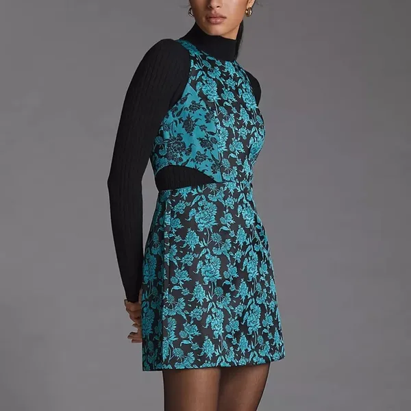 Anthropologie Hutch Floral Jacquard Cut-Out Mini Dress Size 6 Black/Teal - Image 4