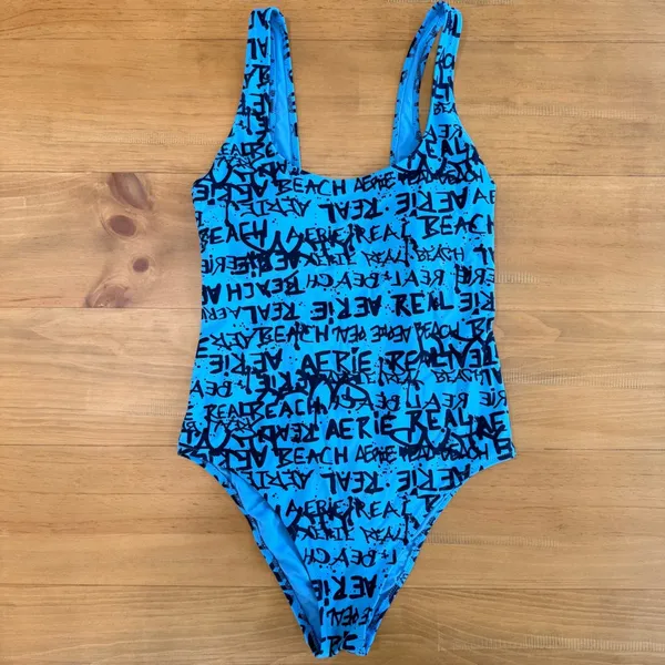 Aerie Real Beach Cheeky One Piece‎ Swimsuit Blue Black Graffiti Text Ribbed M - Image 2