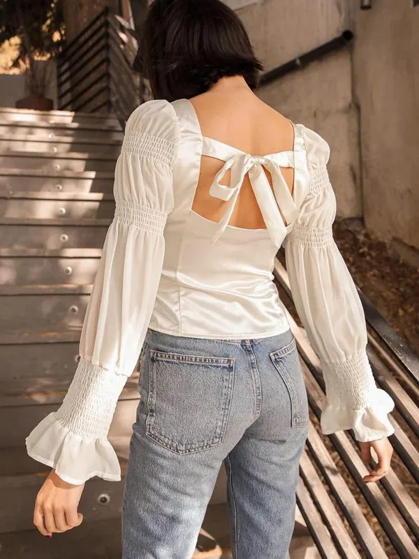 lulus Style Streak Ivory Satin Square Neck Tie-Back Long Sleeve Top - Image 2