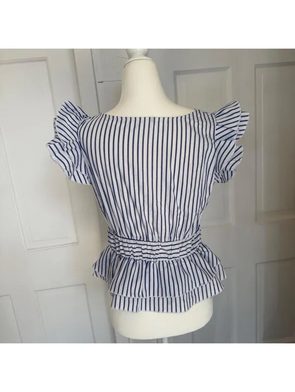 Blue White Striped Ruffle Peplum Blouse | Flutter Sleeve Top | Size S - Image 4