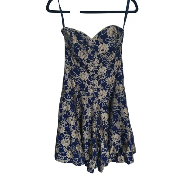 VTG 90s Strapless Sweetheart Floral Mini Dress Gold Foil Navy Size 6 Homecoming - Image 2