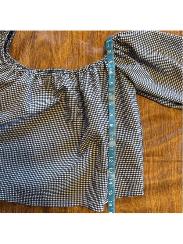 Women Zara Crop Top Gingham Blouse XS Blue Black White Bow Sleeve Off Shoulder - Image 6