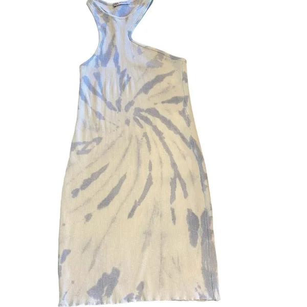 Zara asymmetrical ribbed baby blue and white tie dye tank dress beach vacation - Image 7