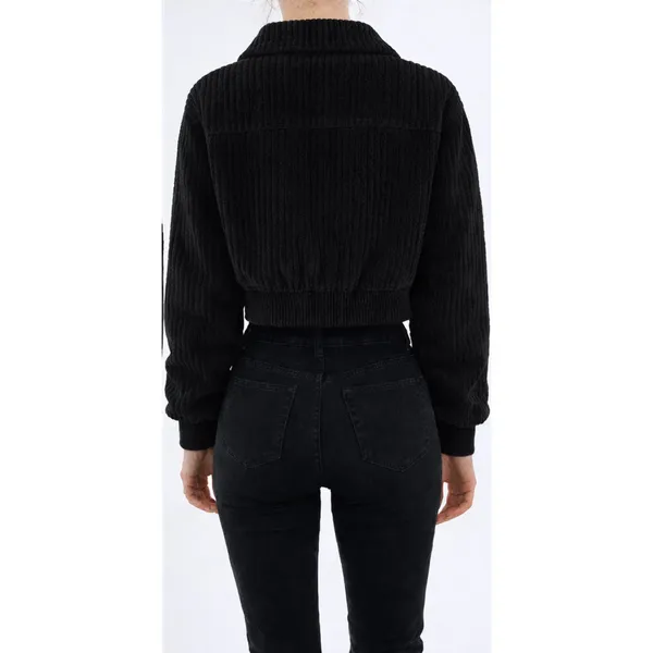Women’s Cropped Black Corduroy Snap Button Jacket Structured Fit Size Small - Image 2