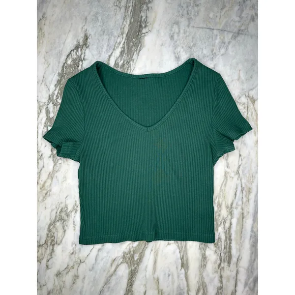 Green Ribbed Short Sleeve V Neck Crop T-Shirt Top Size Small - Image 2