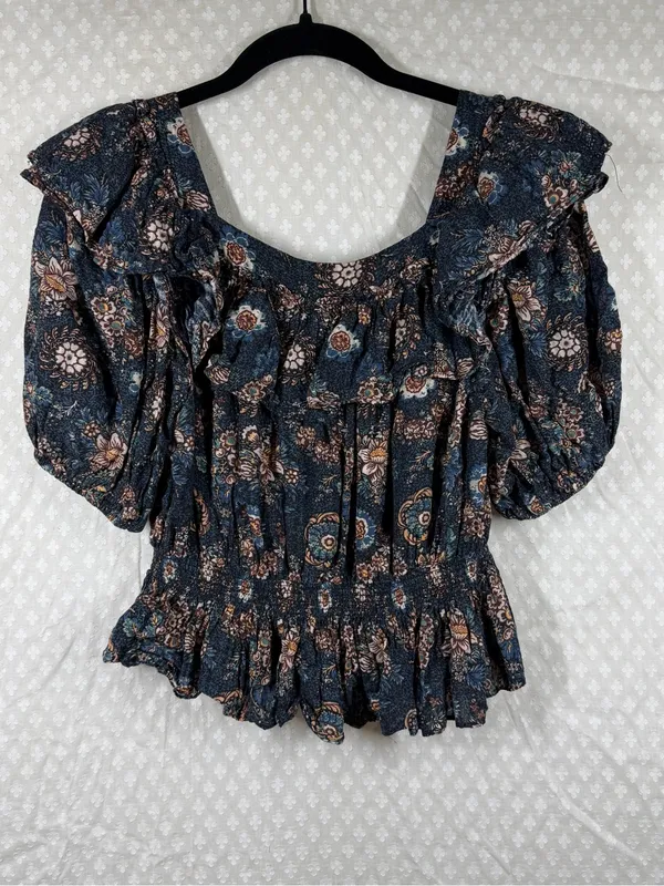 Ulla Johnson‎ Blue Brown Floral Tiered Puff Sleeve Top - Image 5