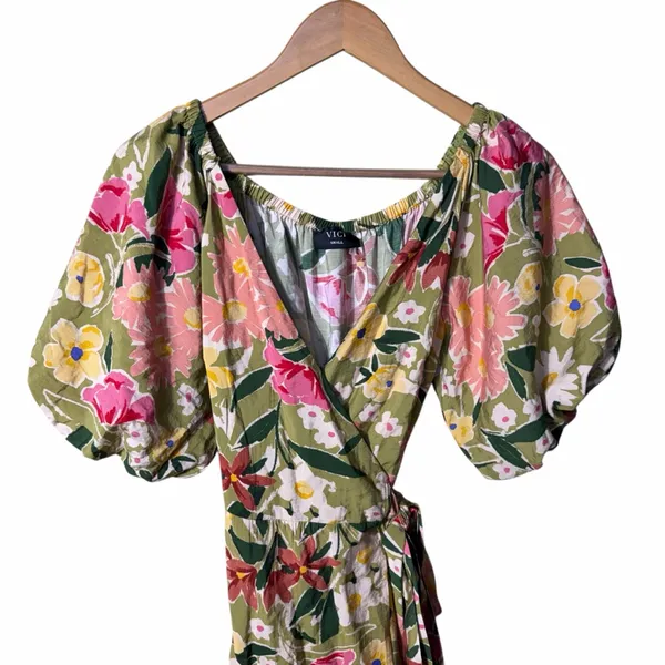 Vici Floral Puff Sleeve Wrap Midi Dress Size Small - Image 6