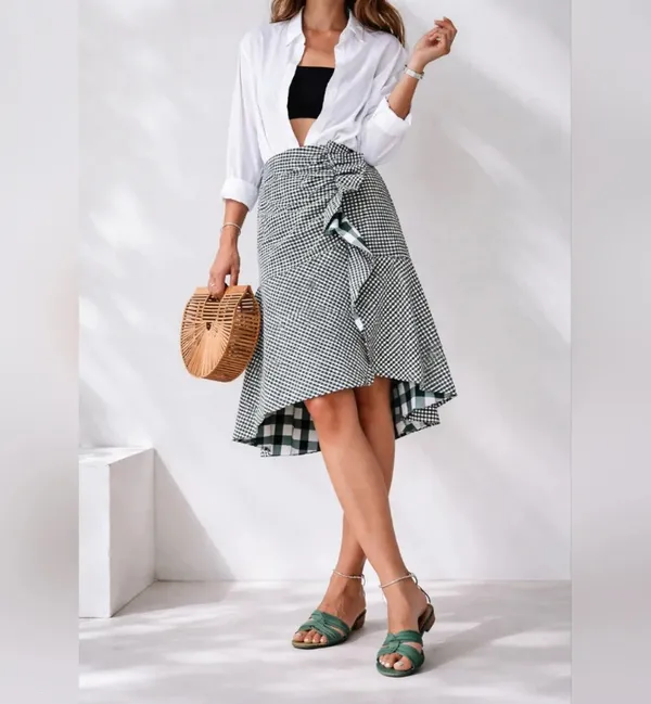 Zara green/white gingham Asymmetric ruffle Midi Skirt size XS - Image 16
