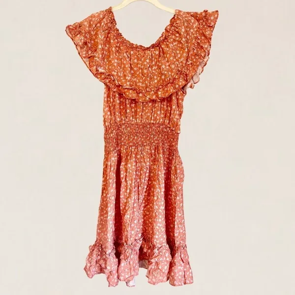 Kori America Orange Ditsy Floral Smocked Off The Shoulder Mini Dress Size Large‎ - Image 6