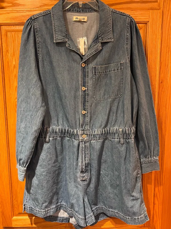 Madewell Denim Long-Sleeve Button-Front Cotton Romper in Rushland‎ Wash Size XXL - Image 5