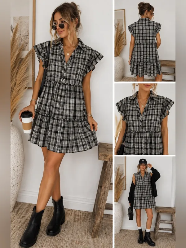 Dress Forum Plaid Tiered Babydoll Mini Dress Ruffle Trim Cottage Grunge - Image 2