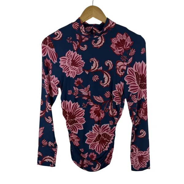 NWT Farm Rio‎ Flower Delicacy Dark Blue Floral Jersey Top Small Ruched Tropical - Image 2