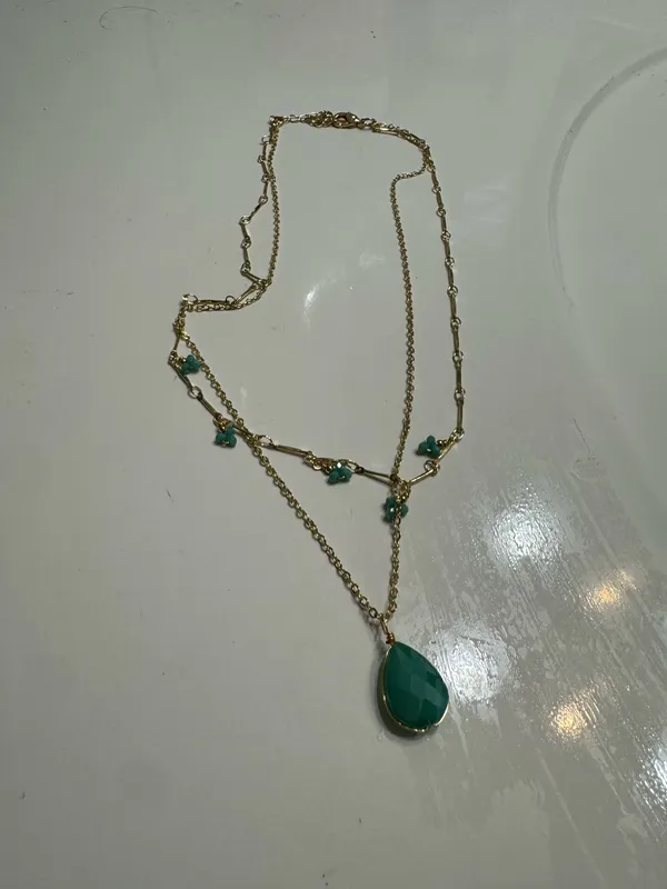 Gold Layered Necklace with Teal Green Teardrop Pendant - Image 2