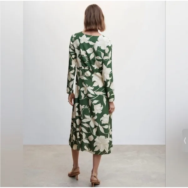 Mango MNG Women Green‎ Floral Midi Dress 10 Green Knot Front Resort Vacation - Image 3