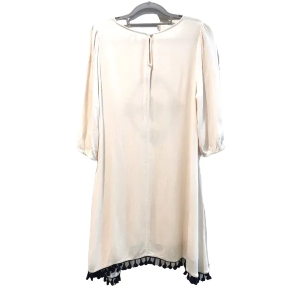 Umgee USA Cream Boho Embroidered Tassel Tunic Dress Medium Ivory Navy‎ Blue - Image 5