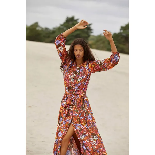 By Anthropologie Vale Maxi Shirtdress Belt Floral Rust Brown Orange Boho Kimono‎ - Image 3