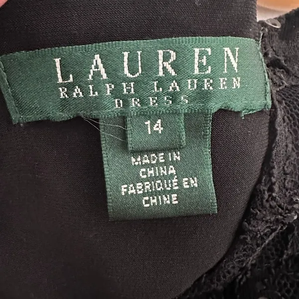 Lauren‎ RALPH LAUREN Lace Sequin Black Dress 14 Ruched Waist Sheer Sleeve Formal - Image 7
