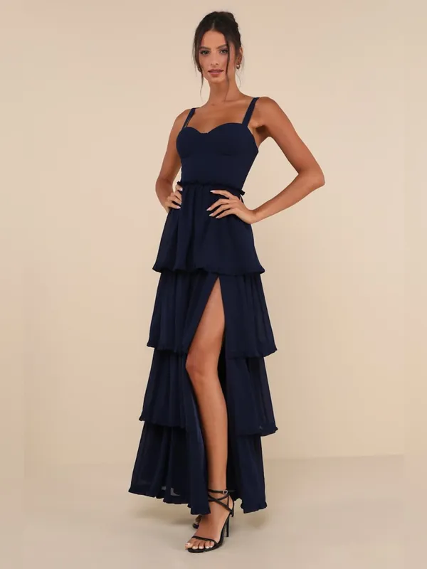 LULU’S Sophisticated Occasion Navy Blue Bustier Lace-Up Maxi Dress - Image 3