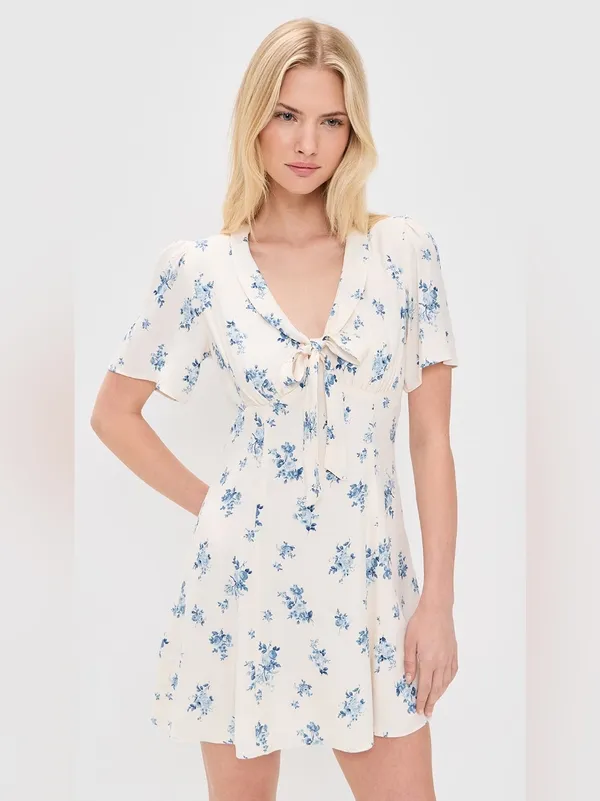 Reformation Tyra Mini Dress Floral Modest Blue Cream Girly Feminine Dress Sz 2 - Image 5
