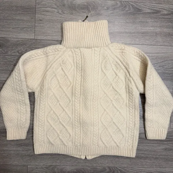 80s Carraig Donn Handknit Merino Wool Aran Zip Cropped Cardigan Sweater Cream M - Image 14