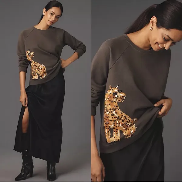 ANTHROPOLOGIE Loulou Avenue Cheetah Graphic Crewneck Sweatshirt in Gray Sz XS - Image 2