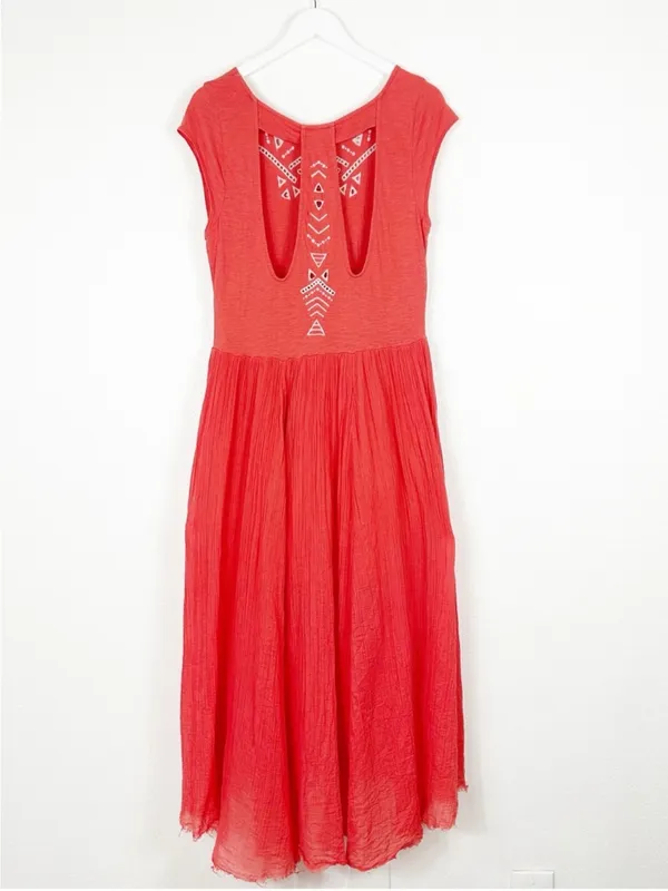 Free People cotton boho Meadows Toosaloosa Slub gauzy embroidered dress coral SZ - Image 2
