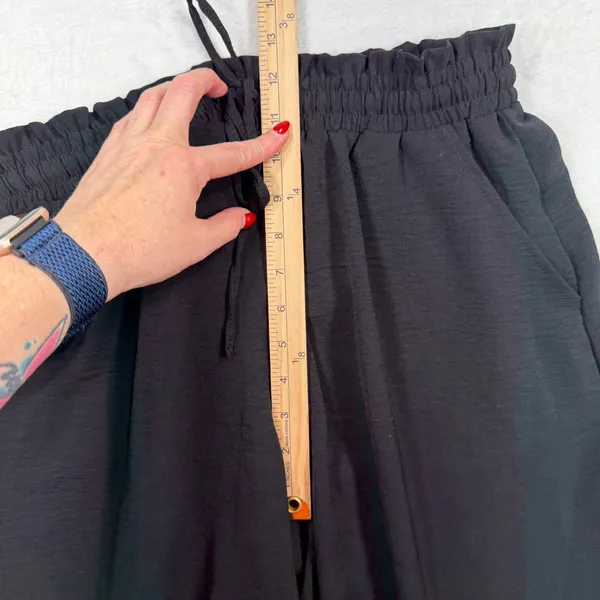 Flowy Medium Wide Leg Pants Black Paperbag Waist Drawstring Palazzo Minimalist - Image 10