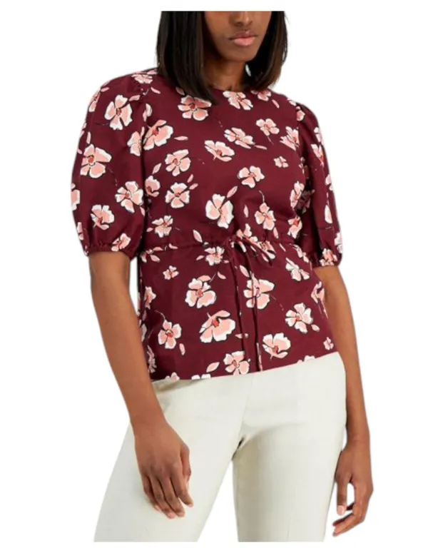 Alfani Linen Floral Burgundy Boho Bohemian Modest High Neck Blouse Size Medium - Image 3