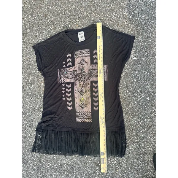 Y2K Vocal Womens XL Black Rhinestone Cross Eagle Fringe Hem T-Shirt Western Boho - Image 6