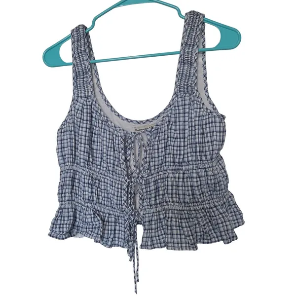 Abercrombie & Fitch Linen Blend Ruffle Cropped Ruched Tie Front Tank Top Medium - Image 2