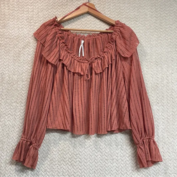 By Anthropologie Long-Sleeve Sheer‎ Striped Crop Blouse Rose Pink Off Shoulder - Image 6
