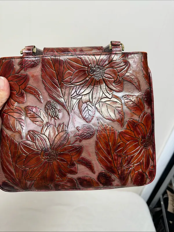 Rare vintage Embossed Brahmin Burgundy Floral Embossed Leather Satchel - Image 12