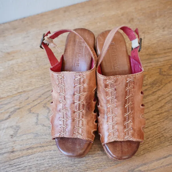 Bed Stu 6.5 Leather Platform Sandals Tan Excellent Stitch Wood Heel Boho Western - Image 5