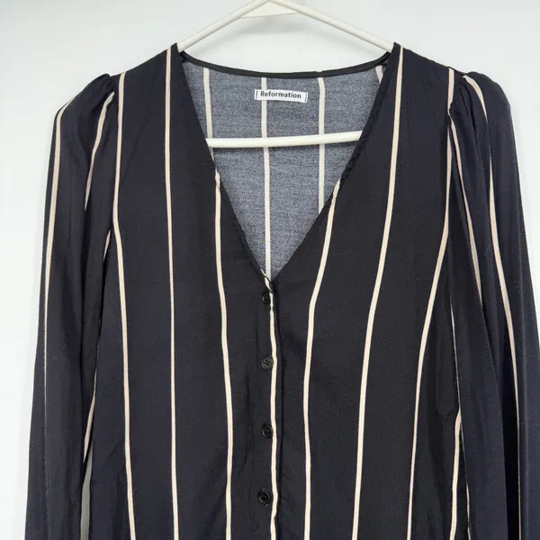 Reformation Womens‎ XS Striped Button Down V-Neck Blouse Black Cream Long Sleeve - Image 2