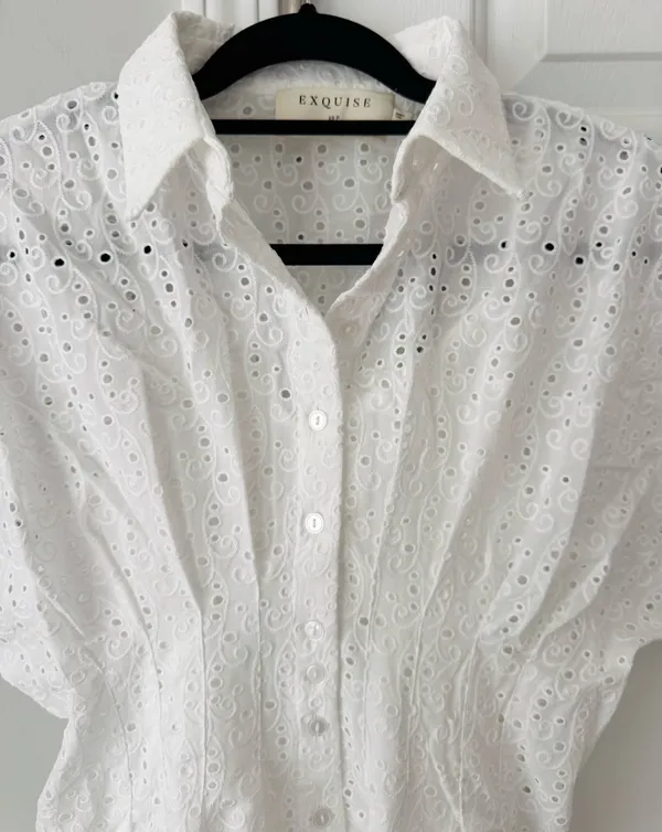 Anthropologie The Tobie Eyelet Mini Shirt Dress by Exquise, Size SP - Image 8