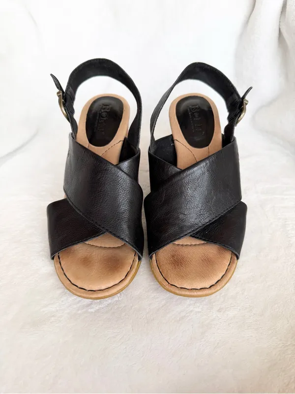 Born Black Leather Crisscross Slingback Block Heels with Tan Wood-Look Heel - Image 2