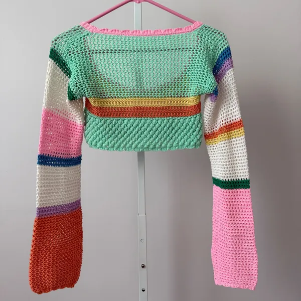 Multicolor sz S‎ Crochet Crop Top Sheer Striped Boho Festival Coastal - Image 7
