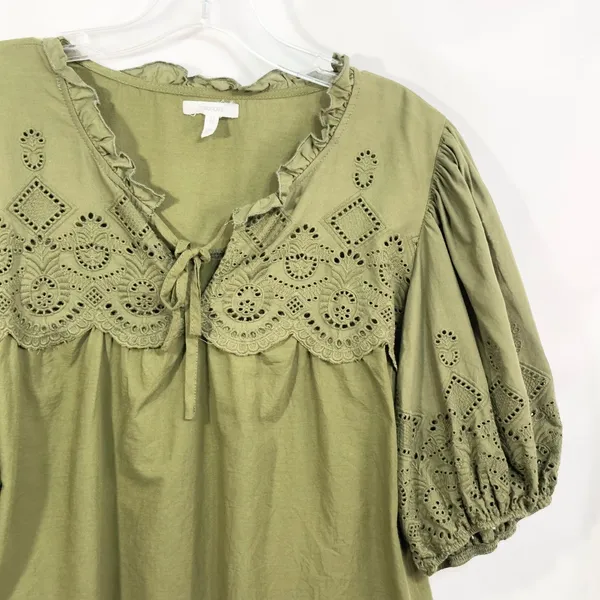 Maurices XXL Top Eyelet Blouse Peasant Top Puff Sleeve‎ Olive Green 907 - Image 7