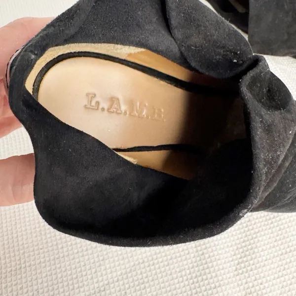 L.A.M.B. Gwen Stefani Black Suede Slouchy Ruched Ankle Bootie Platform SZ 5.5 - Image 8