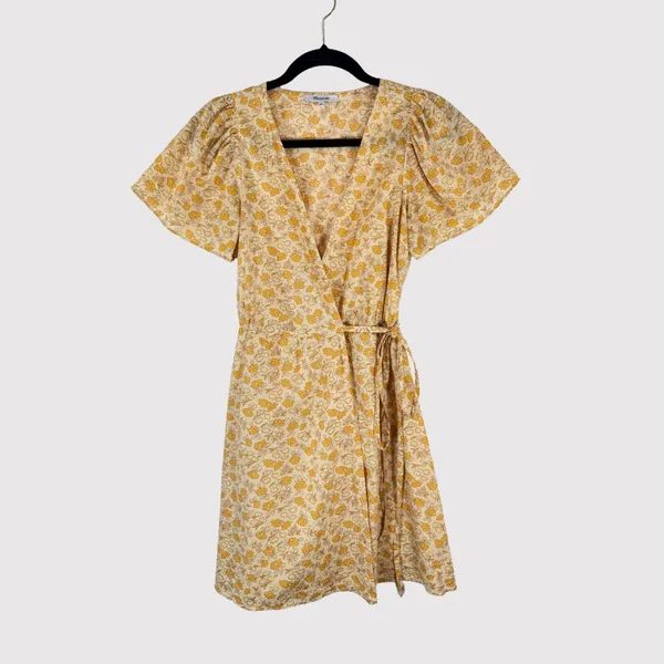 Madewell Womens Dress Yellow Fiore Mini Floral Ditsy V Neck Wrap A Line Boho XS - Image 2