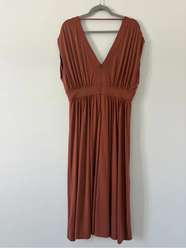 Anthropologie Sleeveless V Neck A Line Midi Boho Fall Cottagecore Dress Brown L - Image 3